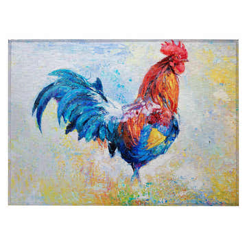 Close-up of Dalyn Kendall KE1 Multi Washable Area Rug. Features a vibrant rooster design with red, blue, and gold hues.