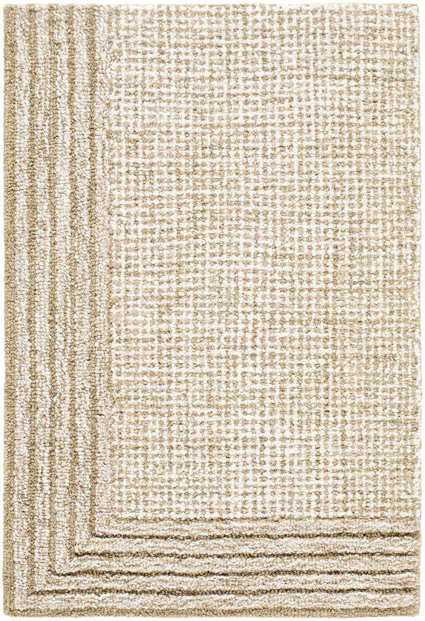 Close-up of the Kayoko Beige Area Rug. Hand-tufted wool rug with textured stripes and a subtle beige and off-white grid pattern. Design-Rectangle-23