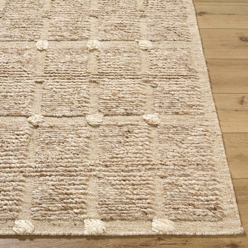 Close-up of the hand woven Keegan Area Rug. Beige, sandstone, and taupe wool with a textured geometric pattern. Front