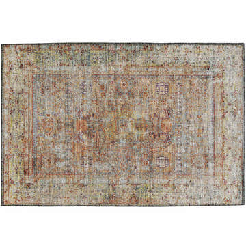 Detailed texture of a Dalyn Karaj KJ1 Coral Washable Area Rug, featuring beige, coral, and gold tones in a traditional pattern.