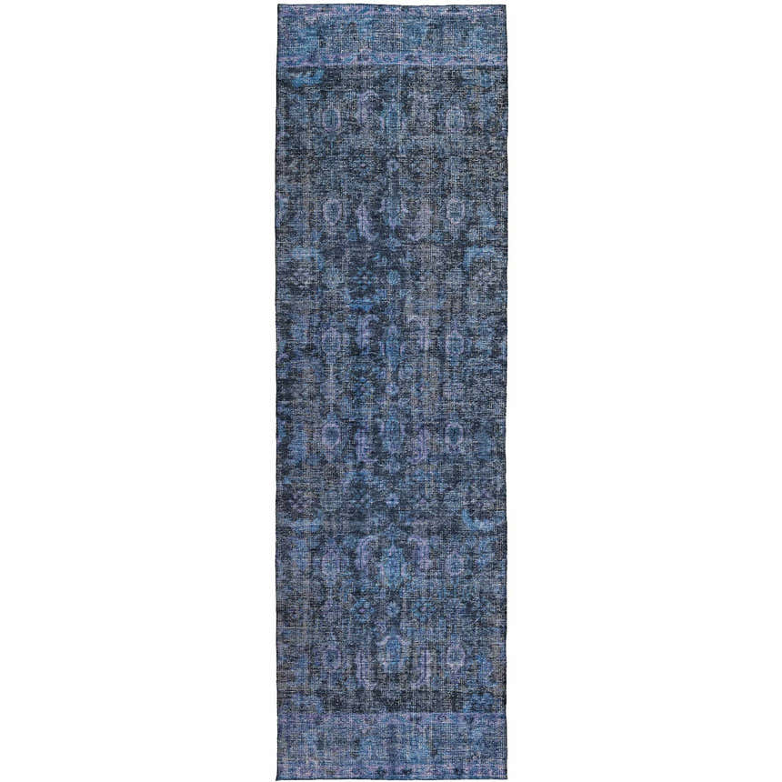 Close-up of a blue Dalyn Karaj KJ3 runner rug. Features denim, light blue, silver gray, and taupe colors.
