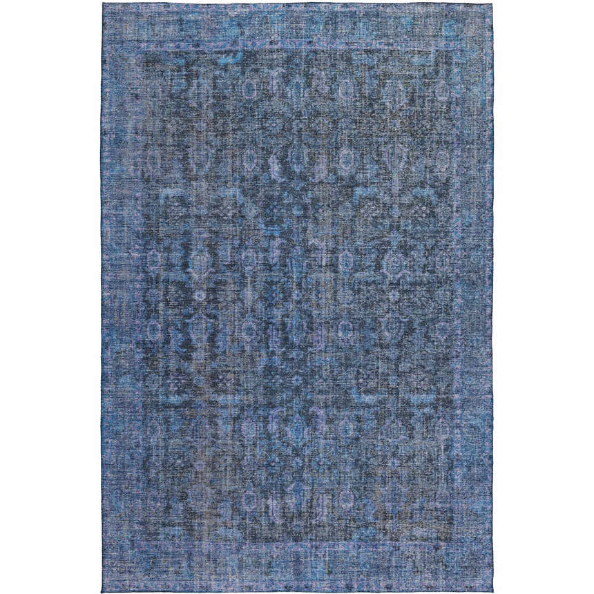 Close-up of the Dalyn Karaj KJ3 Blue Washable Area Rug, featuring a traditional denim, light blue, and silver gray pattern.