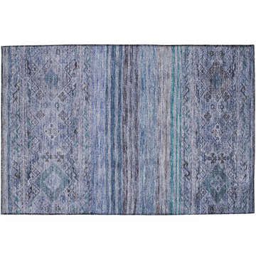 Close-up of the Dalyn Karaj KJ4 Blue Washable Area Rug. Features denim, teal, and taupe hues with a traditional farmhouse pattern.