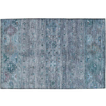 Close-up of Dalyn Karaj KJ5 Blue Washable Area Rug. Denim, light blue, and taupe farmhouse style rug with traditional patterns.