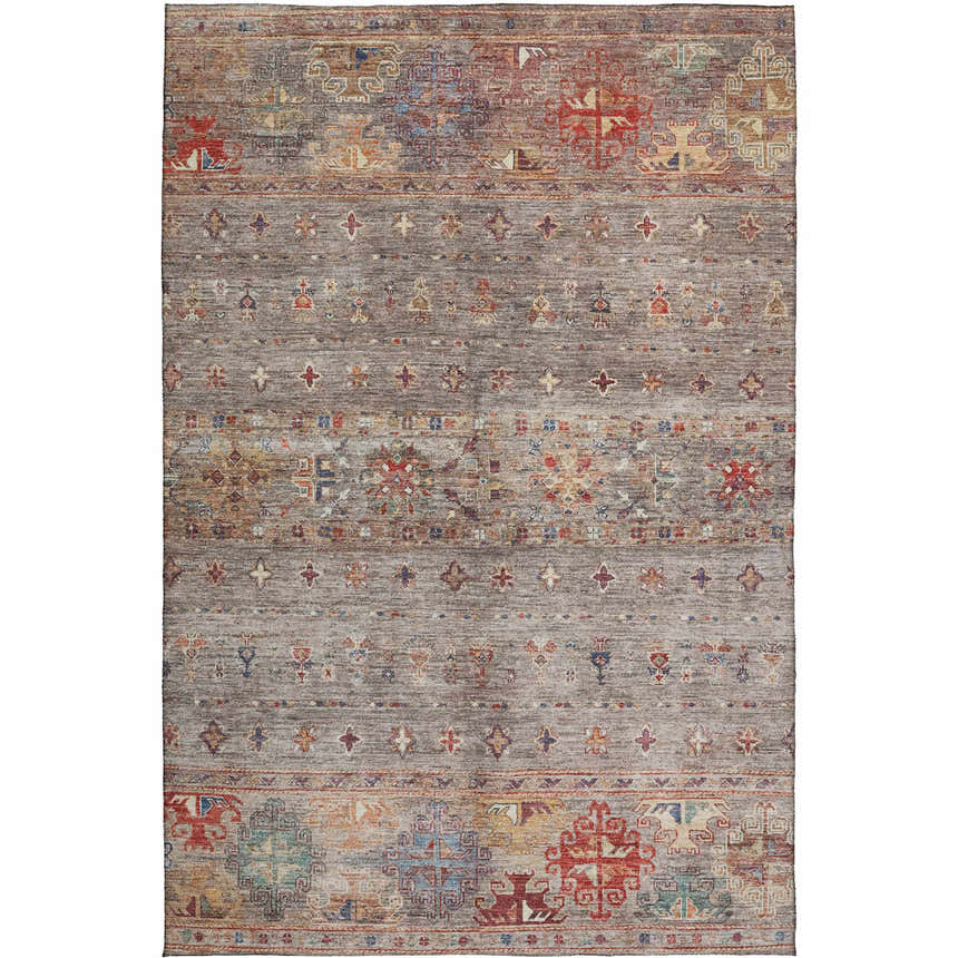 Dalyn Karaj KJ5 Gray Washable Area Rug with beige, brown, blue, and red traditional pattern. Farmhouse style rug.