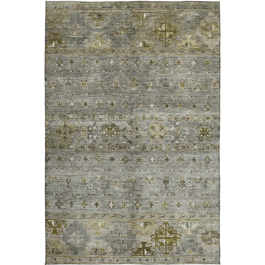 Detailed view of the Dalyn Karaj KJ5 Pewter Washable Area Rug, featuring beige, green, and gray traditional patterns.