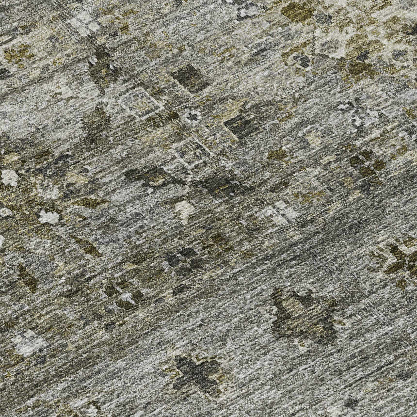Close-up of the Dalyn Karaj KJ5 Pewter Washable Area Rug. Features beige, green, and gray traditional farmhouse design.