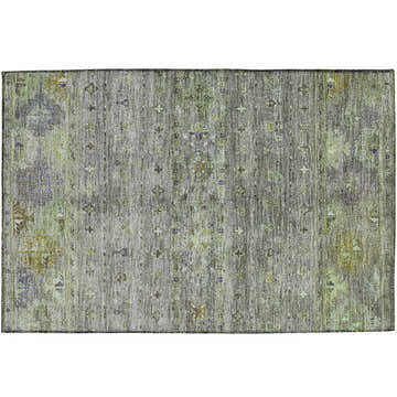 Close-up of the Dalyn Karaj KJ5 Sage Washable Area Rug. Traditional design with green, muted sage, charcoal, purple, and gray tones.