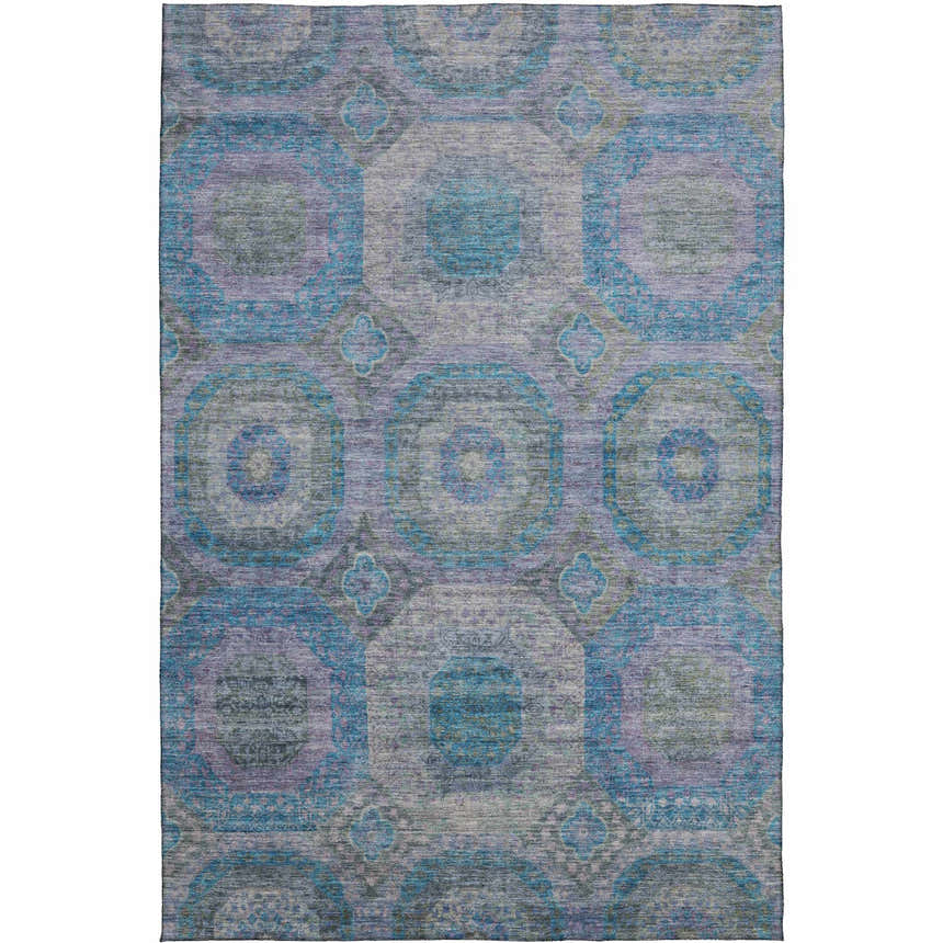 Dalyn Karaj KJ6 Blue Washable Area Rug with a traditional medallion pattern in denim, light blue, and purple.
