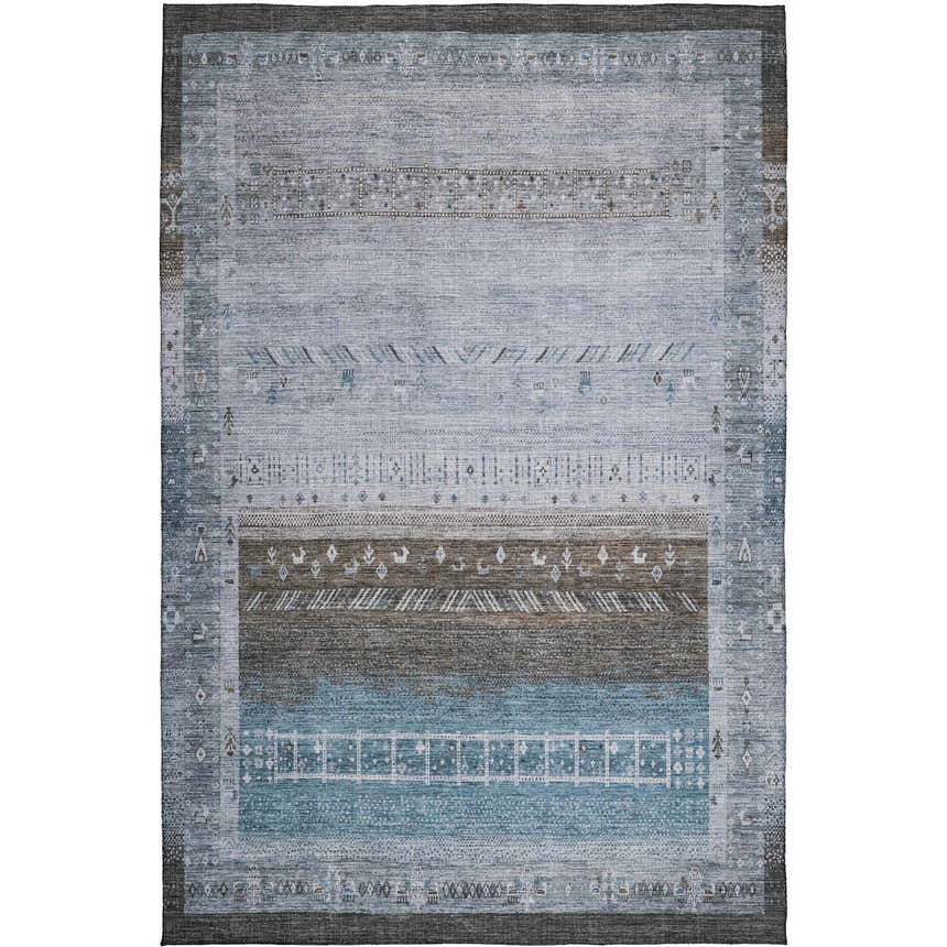 Detailed view of a Dalyn Karaj KJ7 Blue Washable Area Rug. Features farmhouse style, traditional patterns, and colors like blue, gray, and brown.
