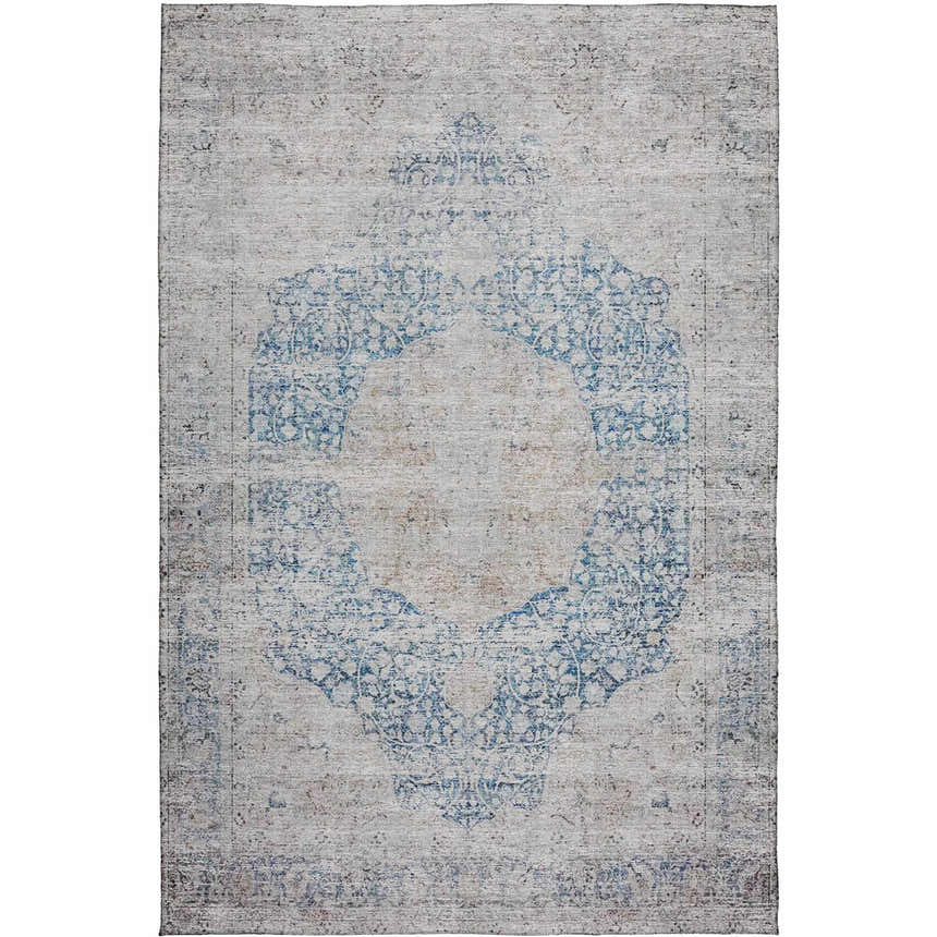 Dalyn Karaj KJ8 Blue Washable Area Rug. Traditional rug with ivory, light blue, and silver gray floral medallion pattern.