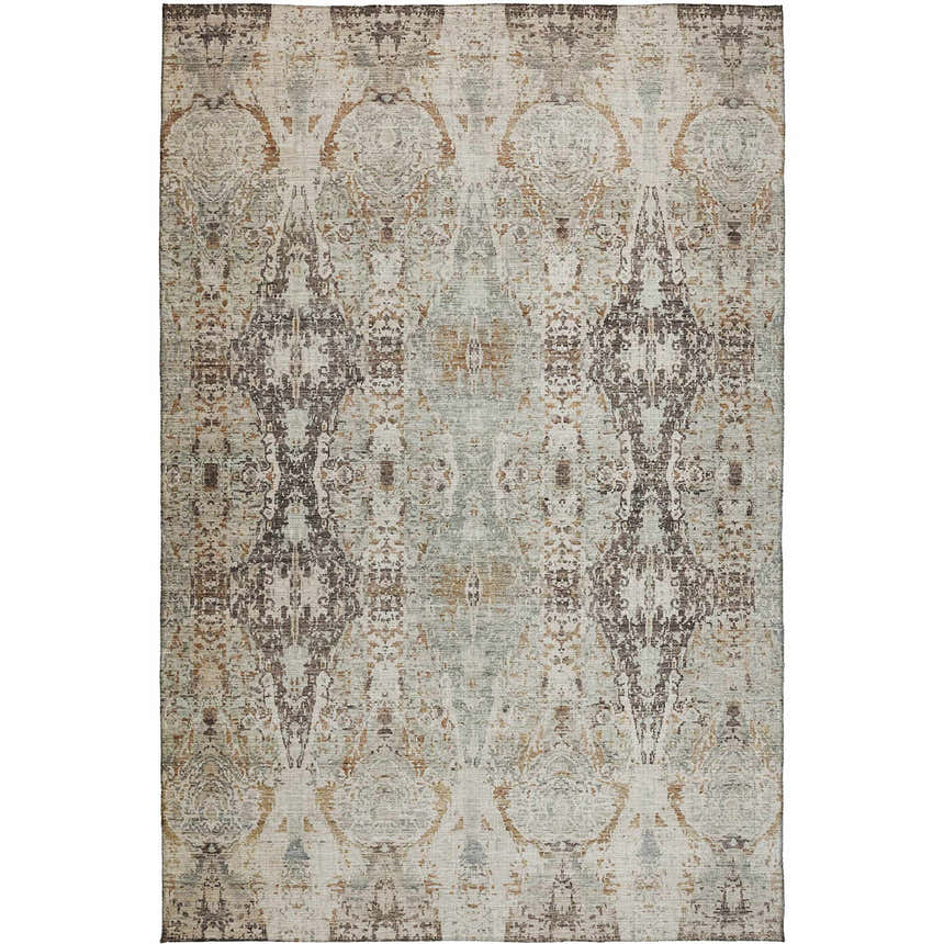 Close-up of the Dalyn Karaj KJ9 Linen Washable Area Rug. Beige, brown, and gray traditional pattern with a distressed look.