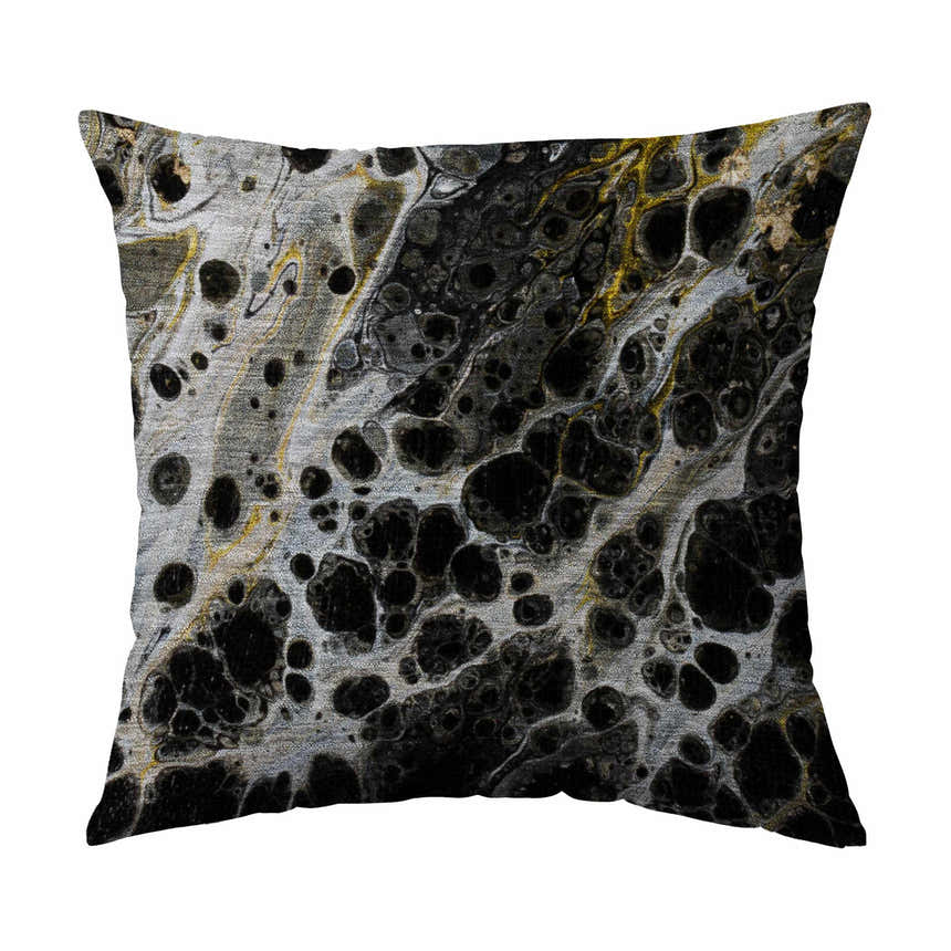 Close-up of Dalyn Machine Kikiamo KK13 Graphite Washable Area Rug showing black, graphite, and gold abstract pattern.