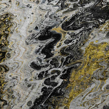 Close-up of Dalyn Machine Kikiamo KK13 Graphite Washable Area Rug with black, gold, and graphite abstract pattern.