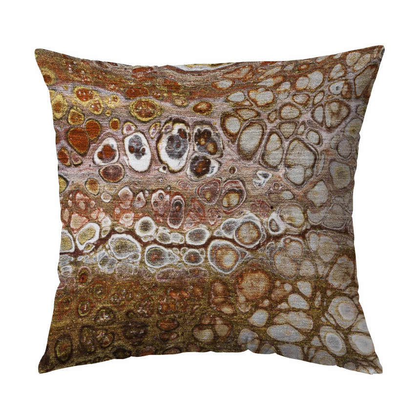 Dalyn Kikiamo KK15 Canyon washable rug, close-up. Abstract pattern in black, brown, canyon, ivory, and taupe. Contemporary style.