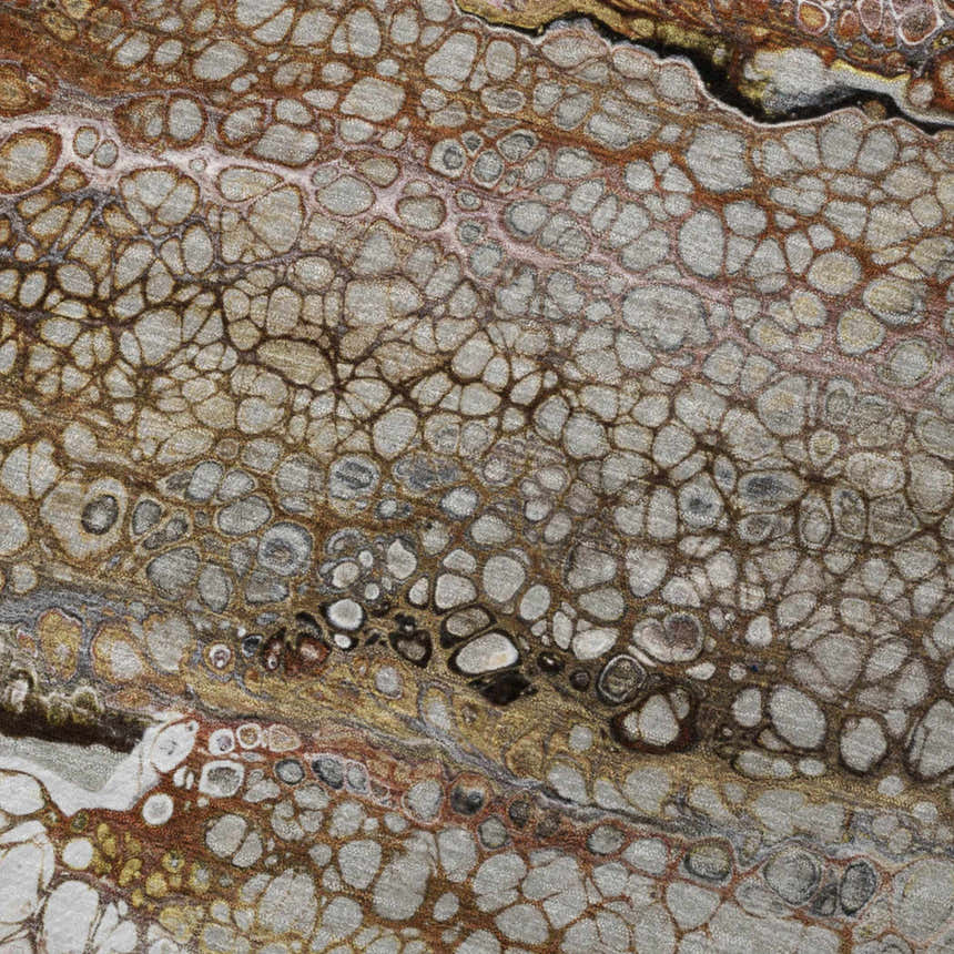 Close up of Dalyn Machine Kikiamo KK15 Canyon Washable Area Rug. Abstract pattern in black, brown, canyon, and ivory.