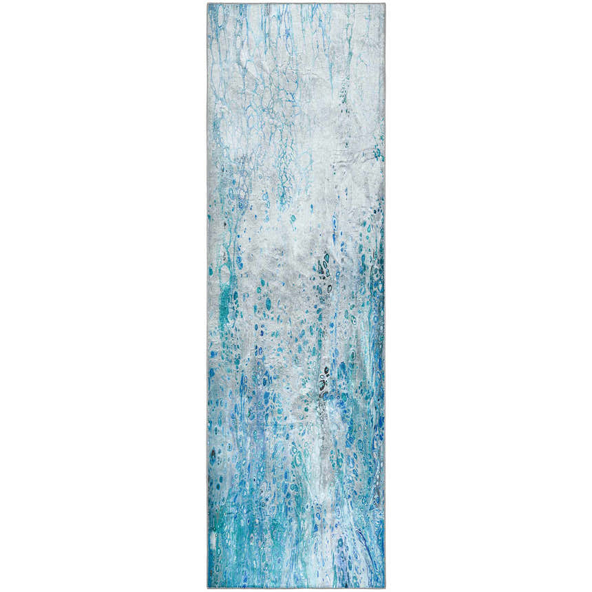 Close-up of Dalyn Machine Kikiamo KK18 Ocean Washable Area Rug. Light blue, ocean, teal, and taupe abstract pattern.