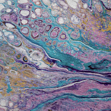 Close-up of Dalyn Machine Kikiamo KK19 Lavender Washable Area Rug. Abstract design with purple, teal, gold, and chestnut colors.