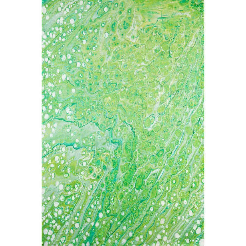Close-up of Dalyn Machine Kikiamo KK5 Lime-In Washable Area Rug with a green, lime, and white abstract pattern.