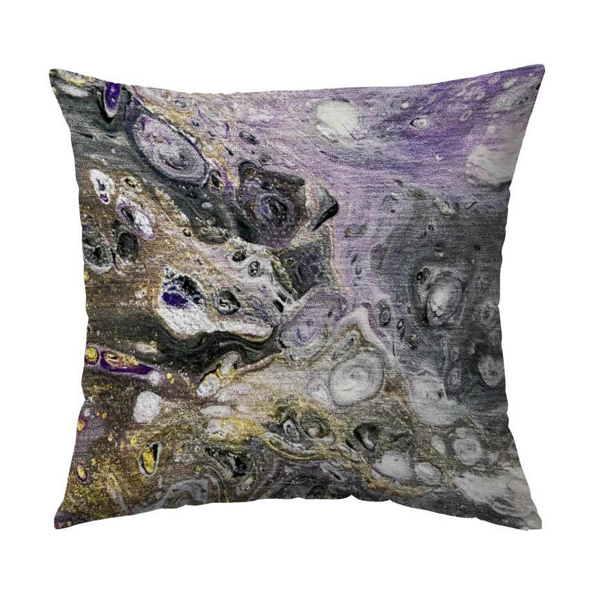 Close-up of Dalyn Machine Kikiamo KK7 Majesty Washable Area Rug, chestnut, gold, purple, and taupe abstract pattern.