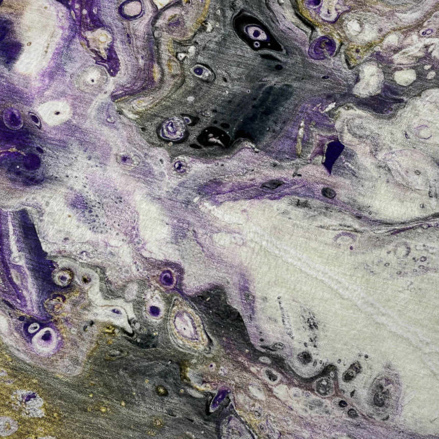 Close-up of the Dalyn Machine Kikiamo KK7 Majesty Washable Area Rug featuring a contemporary chestnut, gold, and purple pattern.