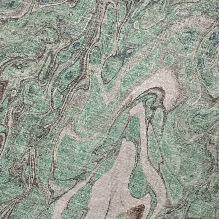 Close-up of Dalyn Kikiamo KK9 Seaside Washable Area Rug. Features a contemporary abstract pattern in sage, taupe, and teal.