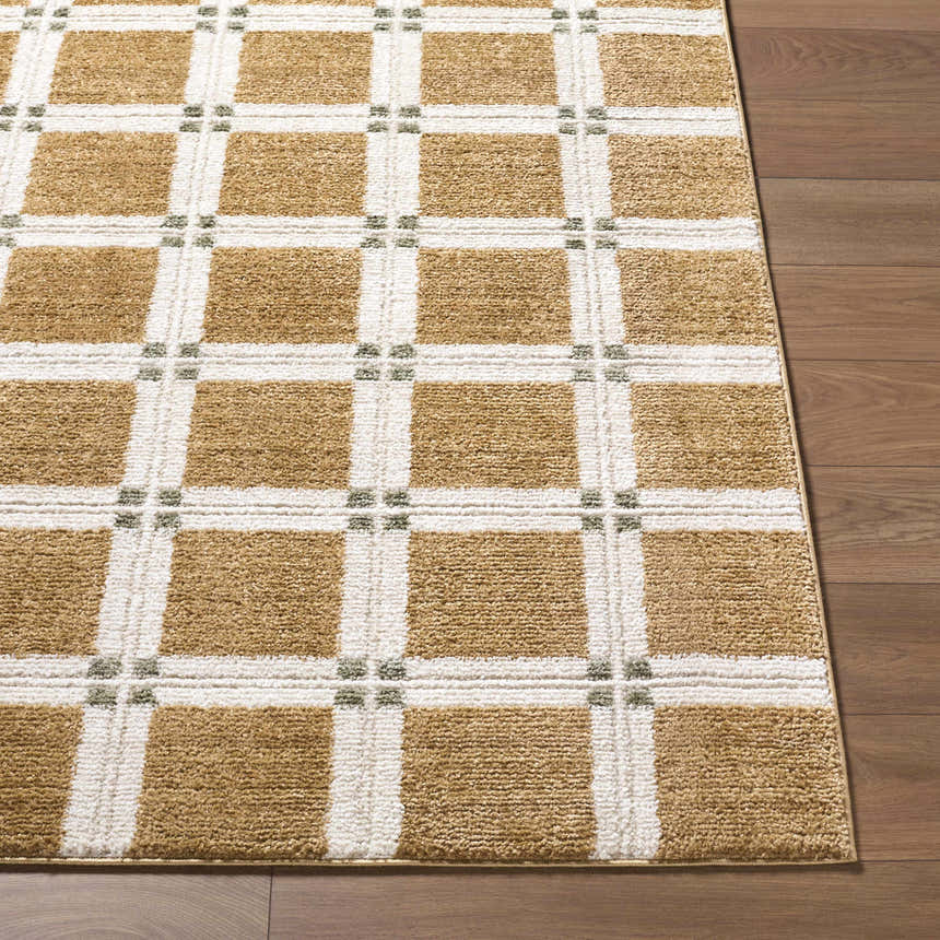 Close-up of the Kalkin Light Brown Area Rug with a caramel and ivory grid pattern and sage accents. Front