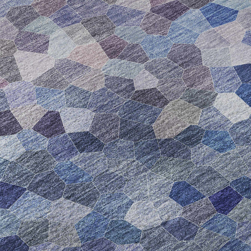 Close-up of the Dalyn Luxury Kaleidoscope KL1 Baltic Washable Area Rug. Features a geometric pattern in Baltic, purple, and blue hues.