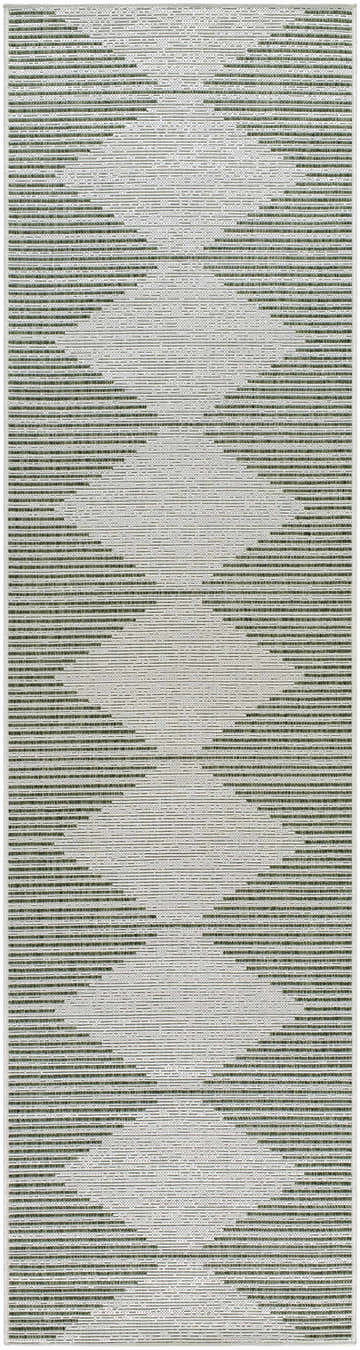 Close-up of the Stephan Green Outdoor Rug, featuring a geometric diamond pattern in light gray and dark green hues. Design-Runner-2710