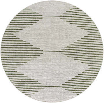 Close-up of a round Stephan Green Outdoor Rug with a gray and green horizontal striped pattern. Design-Round-67