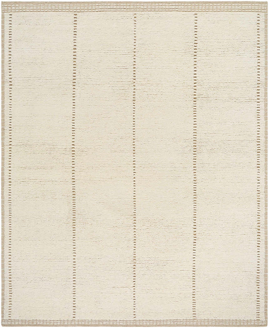 Close-up of the hand-knotted Kimani Area Rug. Ivory wool rug with sandstone vertical stripes and a taupe border. Design-Rectangle-810