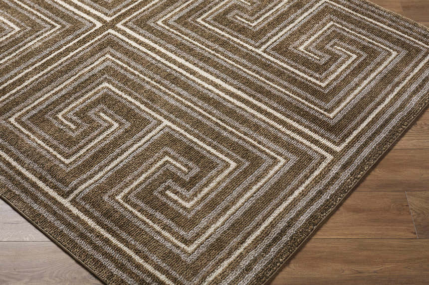 Close-up of the Kekapa Area Rug, showcasing its brown, beige, and white geometric maze pattern and machine-woven texture. Corner