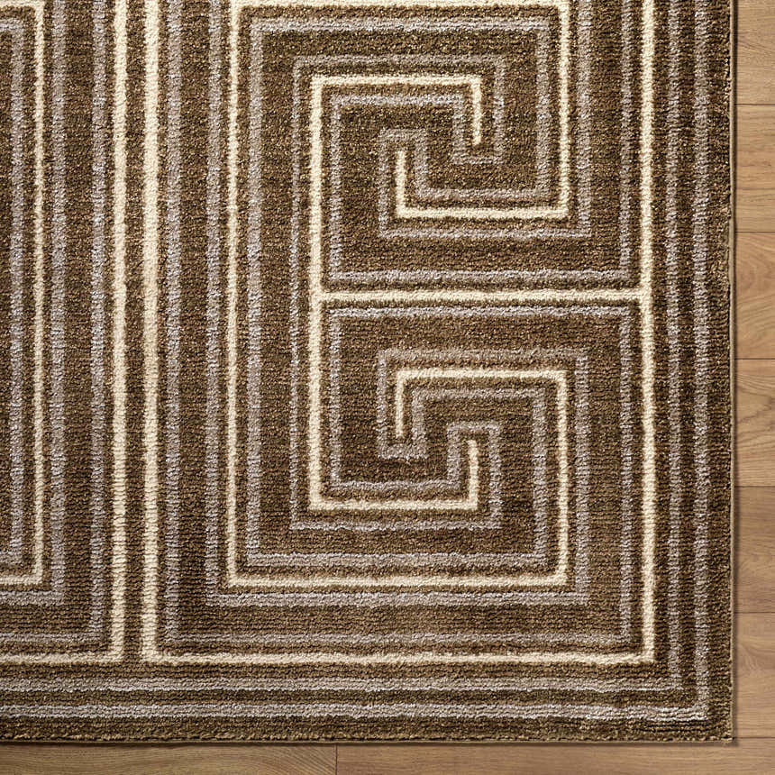 Close-up of the Kekapa Area Rug showing a brown and beige Greek key pattern and striped design. Corner