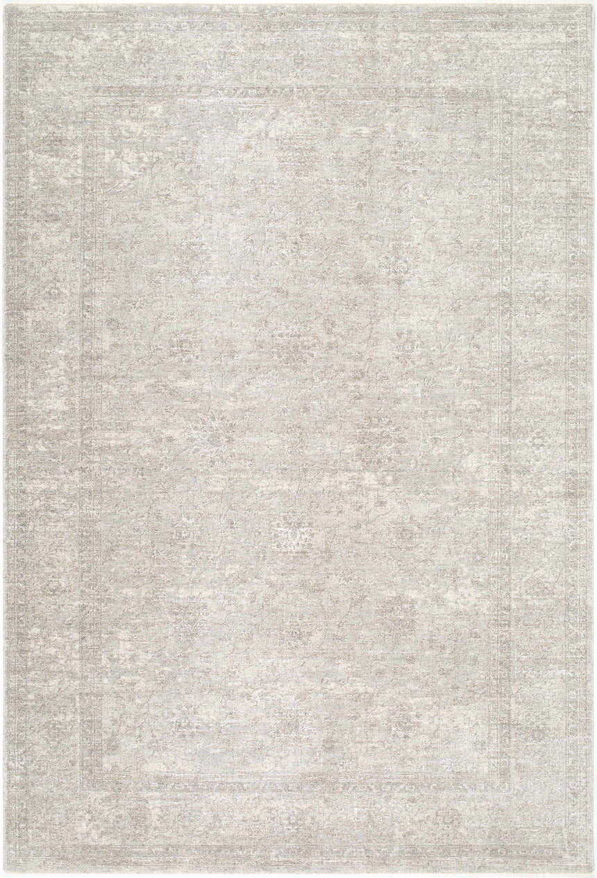 Close-up of the Ailbhe Area Rug. Traditional style with ivory, sandstone, and taupe colors. Machine woven polyester rug. Design-Rectangle-6796