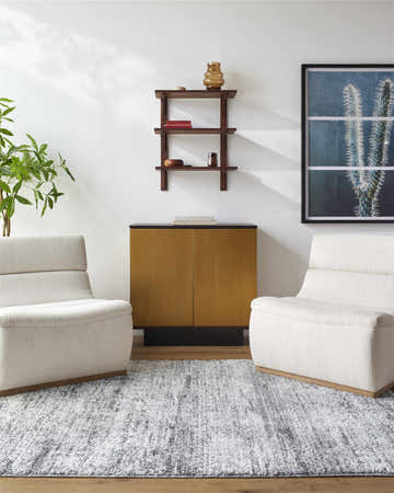 Living room scene with two chairs on a Kohaku Black area rug, cabinet, shelf, and cactus art. Roomscene-Rectangle