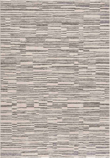 Close-up of the Alexey Gray Broken-Striped Area Rug, featuring a contemporary pattern in ash, silver, and prairie dust hues. Design-Rectangle-5373