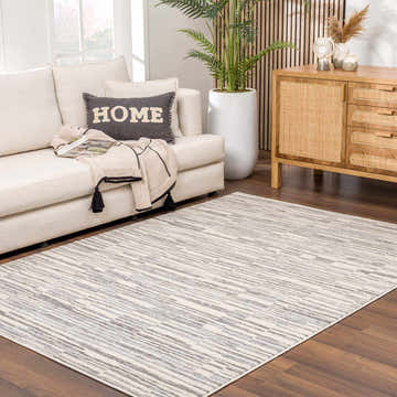 Living room scene with a cream sofa and the Alexey Gray Broken-Striped Area Rug on a wood floor. Roomscene-Rectangle