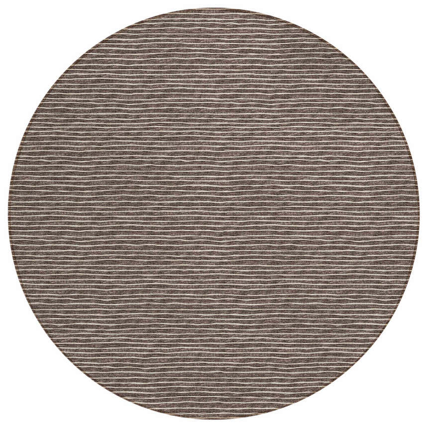 Close-up of a round Dalyn Laidley LA1 Chocolate Washable Area Rug. Brown rug with beige horizontal stripe pattern.