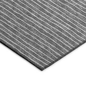 Close-up of the gray and taupe striped Dalyn Laidley LA1 rug. Machine-made, indoor/outdoor rug with a non-skid backing.
