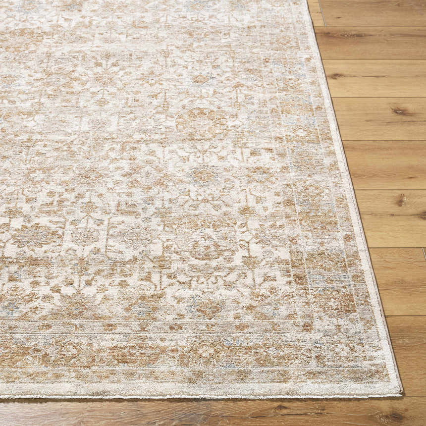 Close-up of the Andres Sage Area Rug showing its traditional floral pattern and colors of cream, tan, light brown, and blue. Front