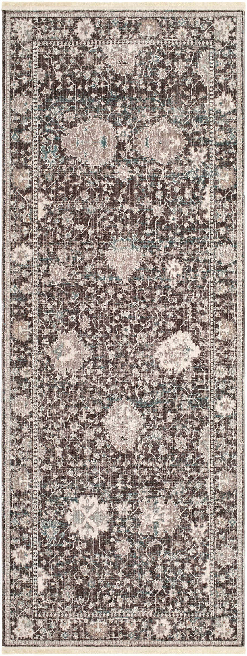 Close-up of the Linmansangan Area Rug. Dark brown rug with dusty pink, ivory, and light sage floral oriental pattern. Design-Runner-211710