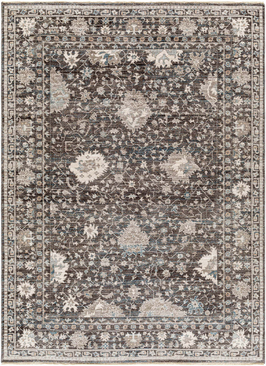 Close-up of the Linmansangan Area Rug: dark brown with dusty pink, ivory, and blue floral oriental pattern. Machine woven polyester. Design-Rectangle-537