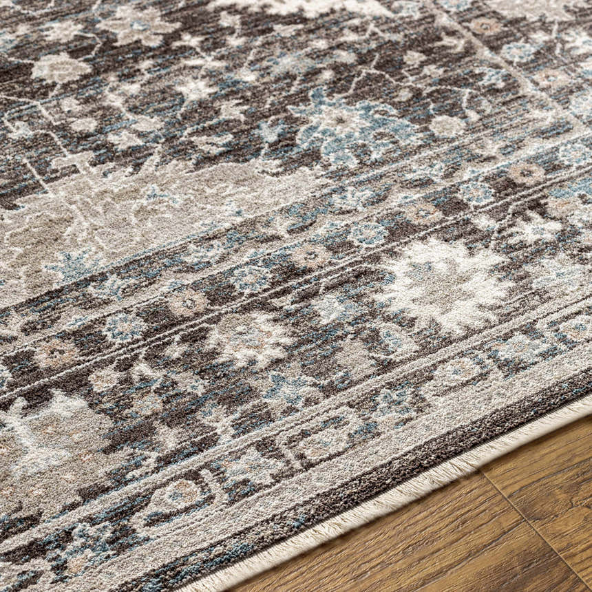 Close-up of the Linmansangan Area Rug showing its traditional, oriental design with dark brown, ivory, and pale blue colors. Texture