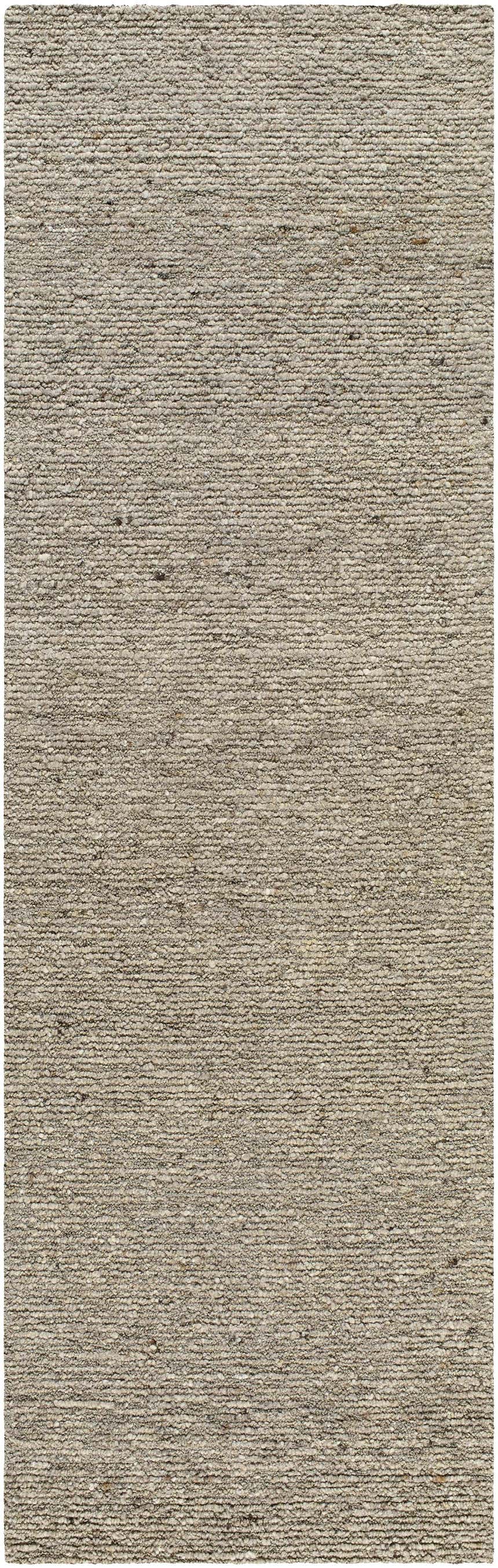 Close-up of the hand-tufted Winta Taupe Wool Area Rug. Neutral tan, gray, and sage tones with a subtle textured design. Design-Runner-310