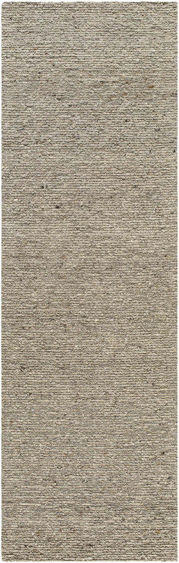 Close-up of the hand-tufted Winta Taupe Wool Area Rug. Neutral tan, gray, and sage tones with a subtle textured design. Design-Runner-310