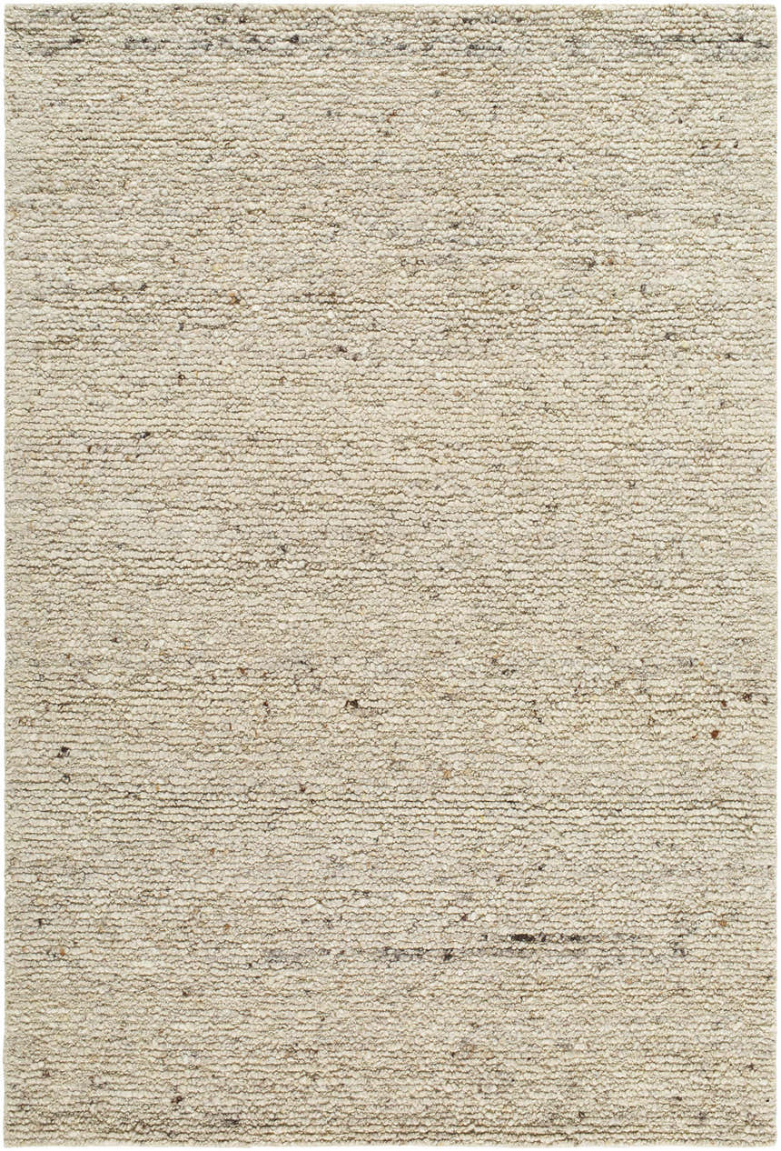 Close-up of the hand-tufted Winta Wool Area Rug. Ash, beige, sage, and tan tones create a textured, farmhouse-style design. Design-Rectangle-576