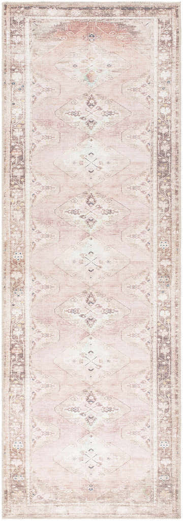 Close-up of the Ussun Washable Area Rug. Features a traditional diamond pattern in beige, dusty pink, and brown tones. Design-Runner-27710