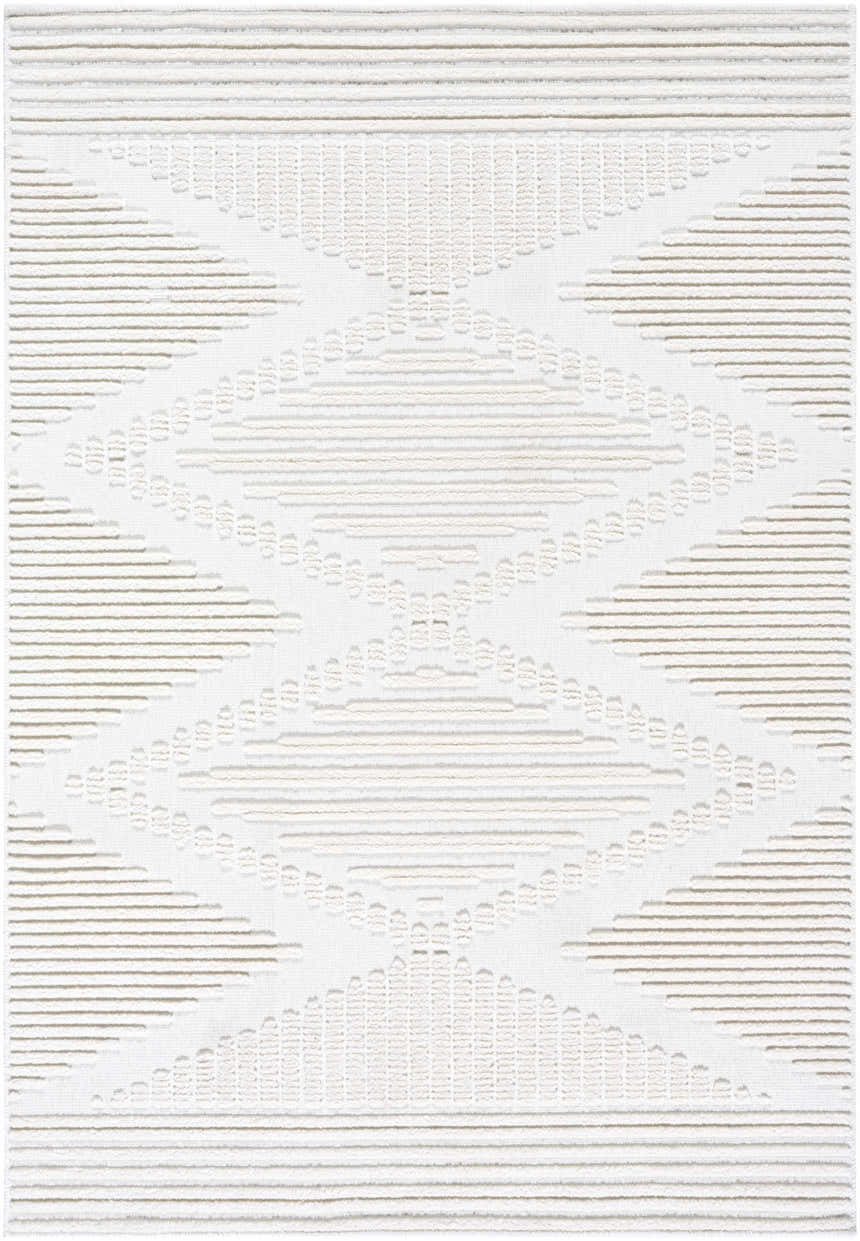 Close-up of the Annika Beige 3D Washable Area Rug. Features a geometric diamond pattern in beige and off-white hues. Design-Rectangle-57