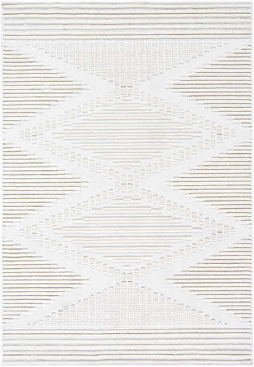 Close-up of the Annika Beige 3D Washable Area Rug. Features a geometric diamond pattern in beige and off-white hues. Design-Rectangle-57