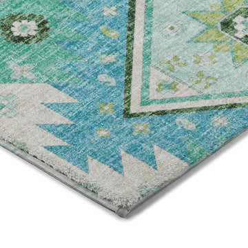 Close up of Dalyn Luxury Lorenzo LN3 Mint Washable Area Rug showing the teal, green, and beige farmhouse design.